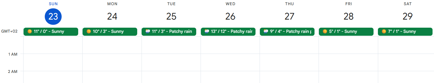 How to add weather to Google Calendar - Weather calendar integration preview showing 7-day weather forecast in calendar with daily temperature and conditions